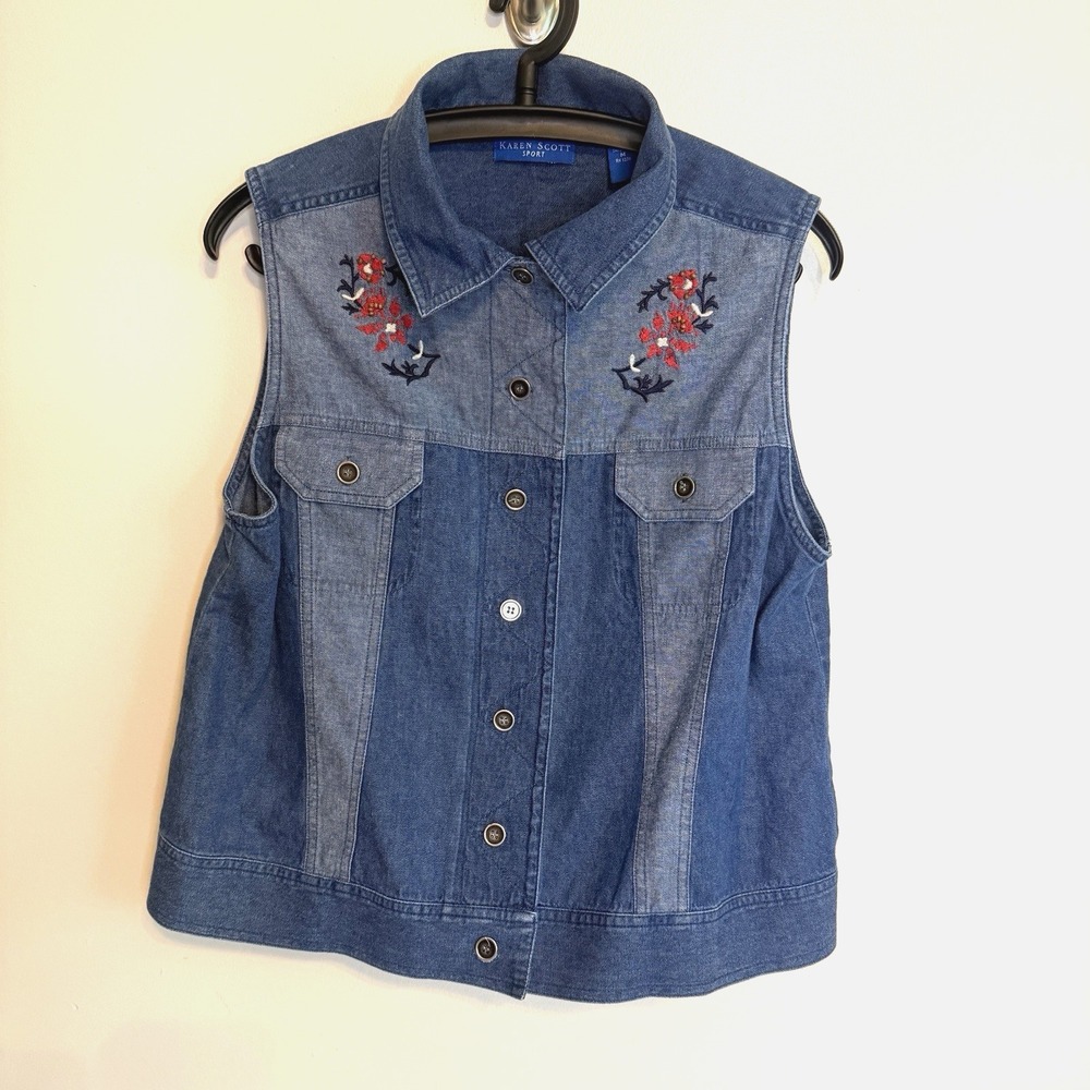 Womens Denim Embroidered Floral Vest Size M Cottagecore Country Peasant Cowgirl